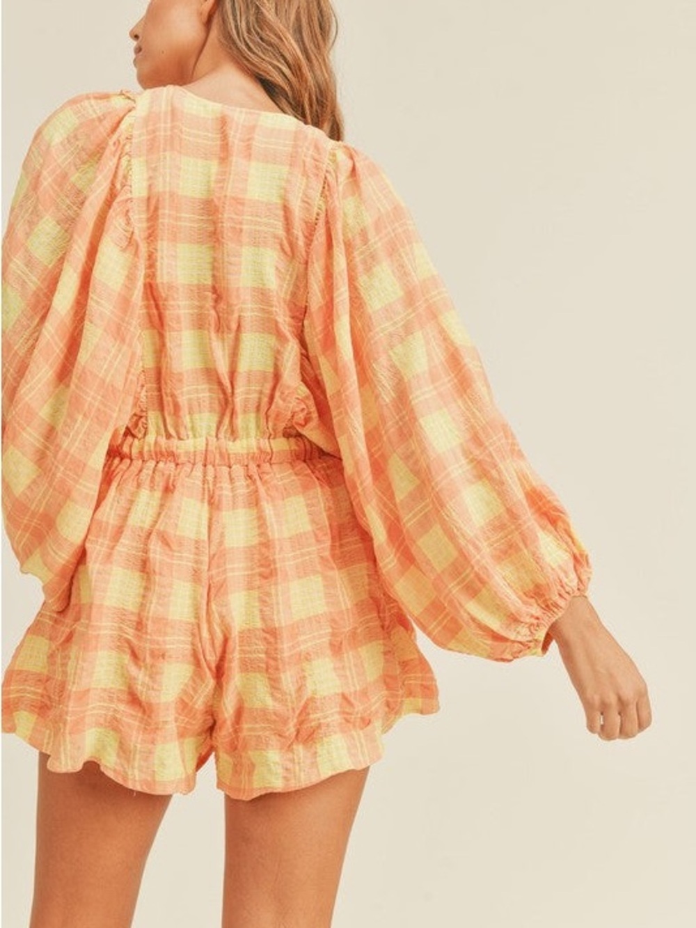 Mable Orange and yellow Summer Plaid Smocked Waist Romper with Balloon Sleeves - Picture 4 of 7